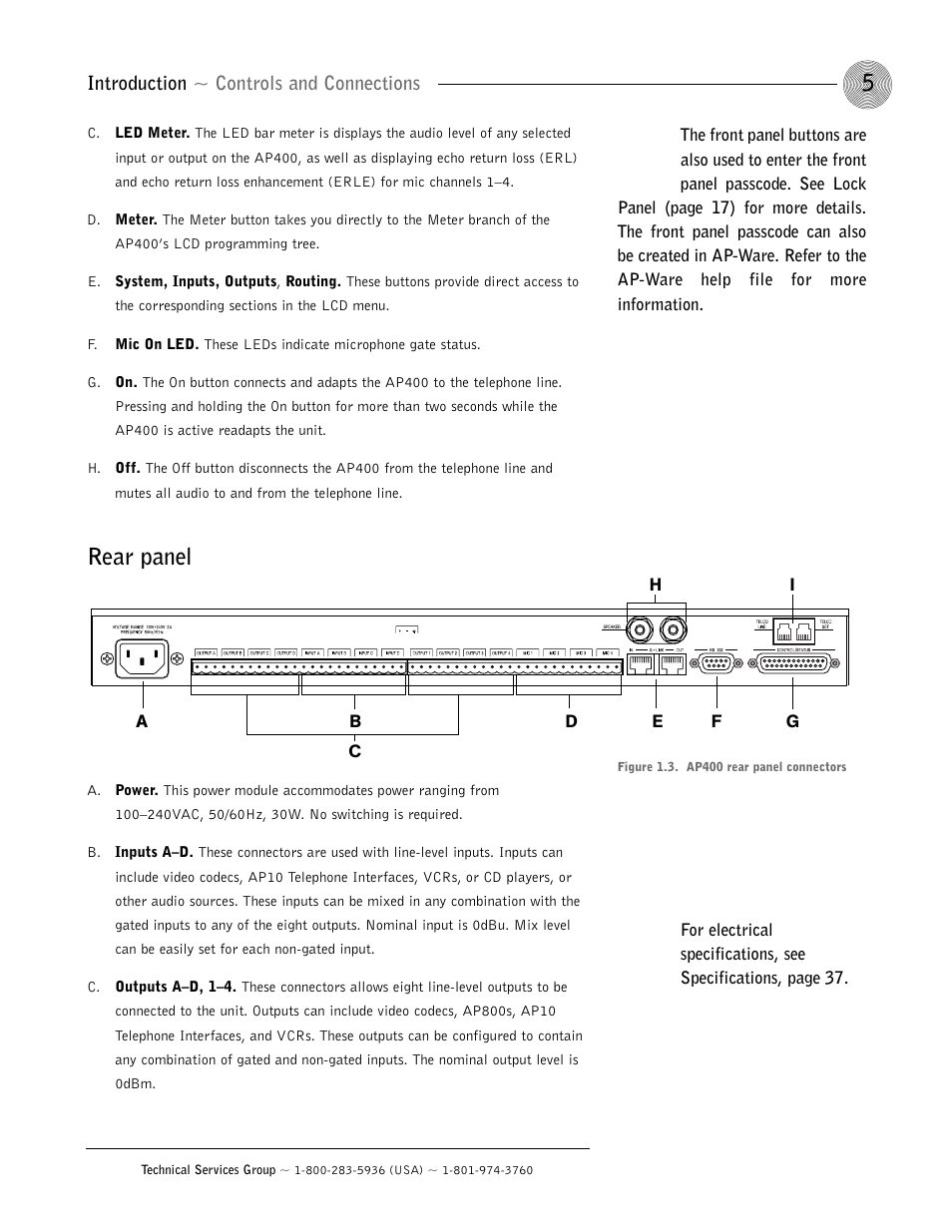 Rear panel | ClearOne AP400 User Manual | Page 9 / 74