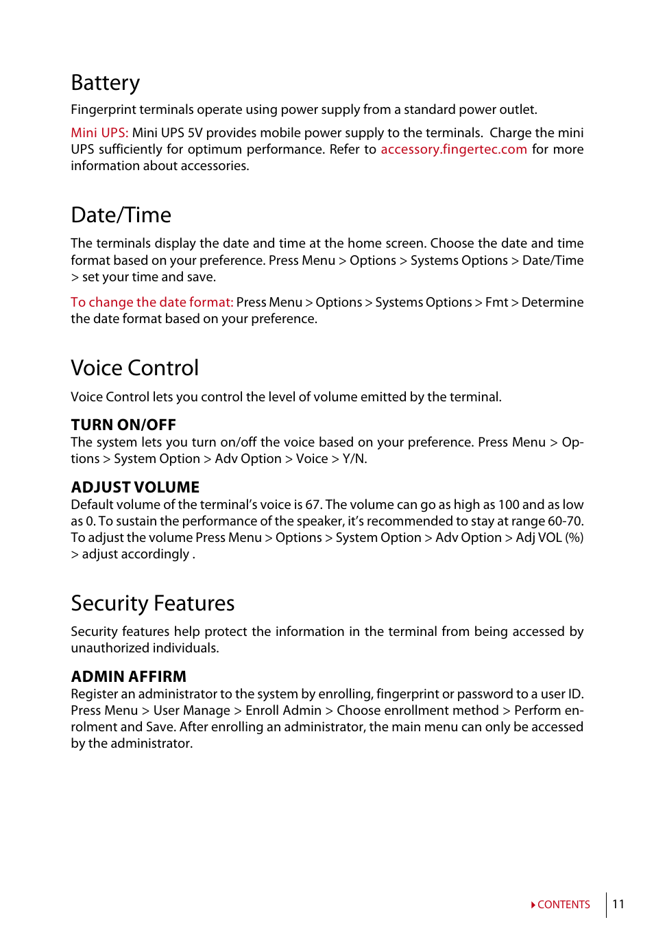 Battery, Date/time, Voice control | Security features | FingerTec AC100 User Manual | Page 10 / 36