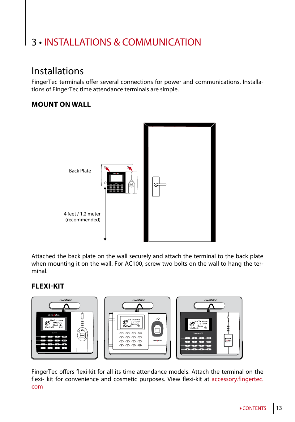 Chapter 3 • installation & communications, Installation guide, Mount on wall flexi-kit | Communications, Usb port tcp/ip port power supply port, Rs232/rs485/wiegand connection port, Determining terminal number using tcp/ip, Using rs232 using rs485, 3 • installations & communication installations | FingerTec AC100 User Manual | Page 12 / 36