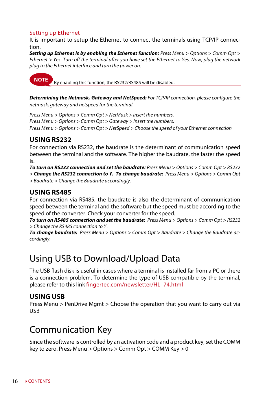 Using usb to download/upload data, Communication key | FingerTec AC100 User Manual | Page 15 / 36