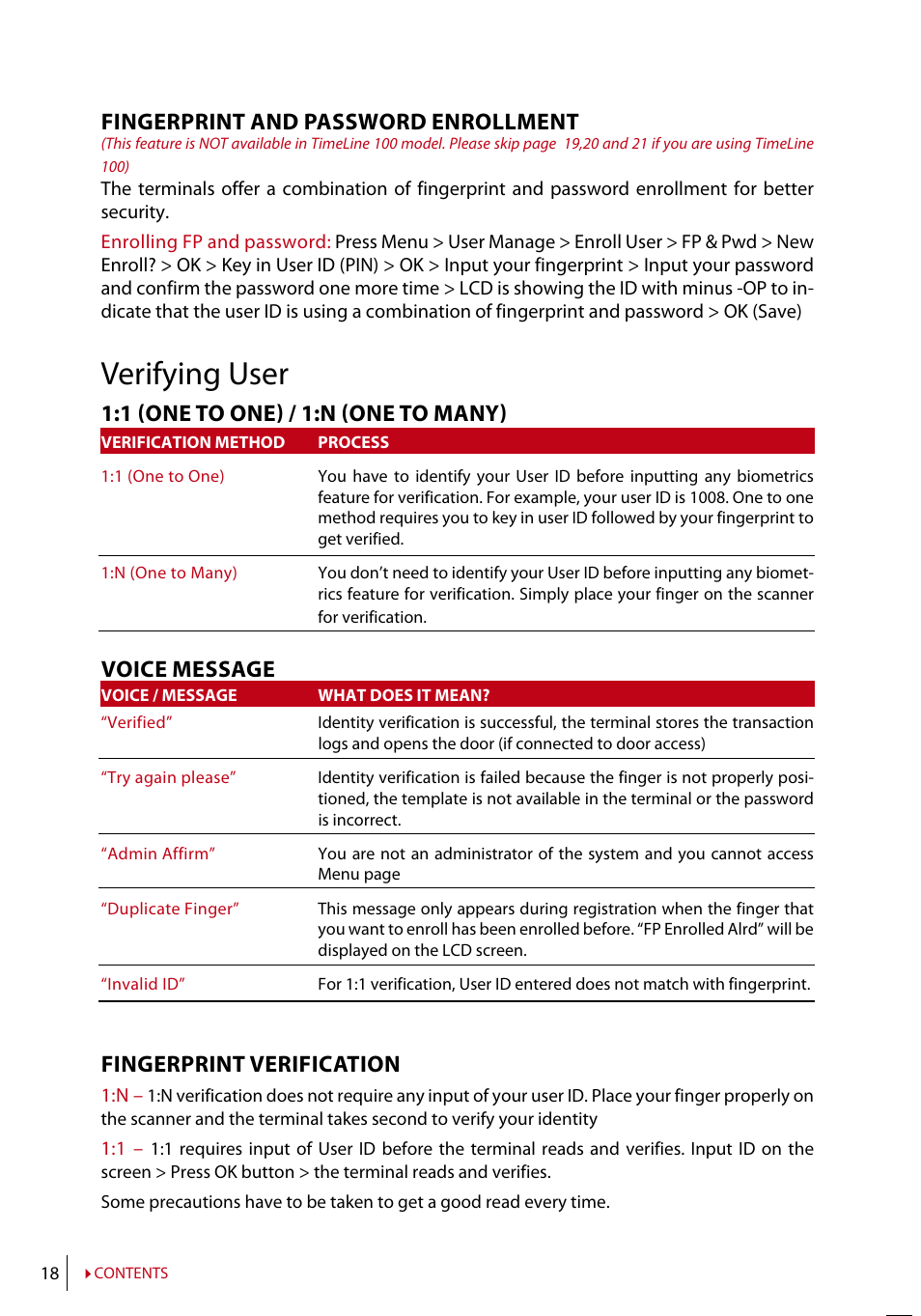 Verifying user, Fingerprint and password enrollment, 1 (one to one) / 1:n (one to many) | Voice message, Fingerprint verification | FingerTec AC100 User Manual | Page 17 / 36