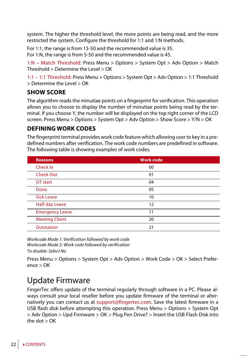 Update firmware, Show score, Defining work codes | FingerTec AC100 User Manual | Page 21 / 36