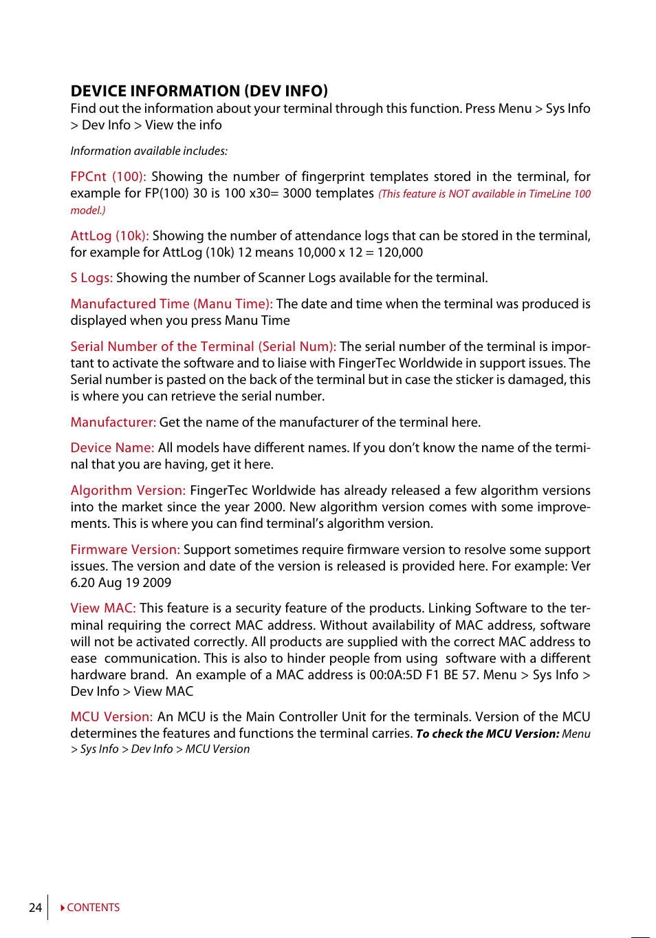 Device information (dev info) | FingerTec AC100 User Manual | Page 23 / 36