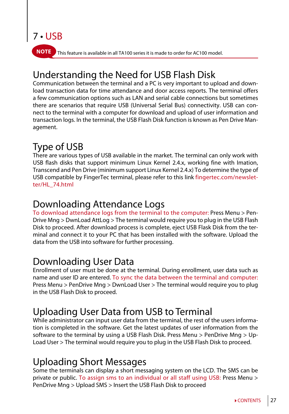 Chapter 7 • usb, Understanding the need for usb flash disk, Type of usb | Downloading attendance logs, Downloading user data, Uploading user data from usb to terminal, Uploading short messages, 7 • usb understanding the need for usb flash disk | FingerTec AC100 User Manual | Page 26 / 36