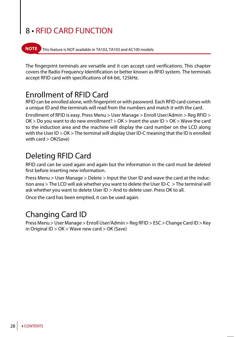 Chapter 8 • rfid card function, Enrollment of rfid card, Verification using rfid card only | Multi verification methods using rfid, Deleting rfid card, Changing card id, 8 • rfid card function | FingerTec AC100 User Manual | Page 27 / 36