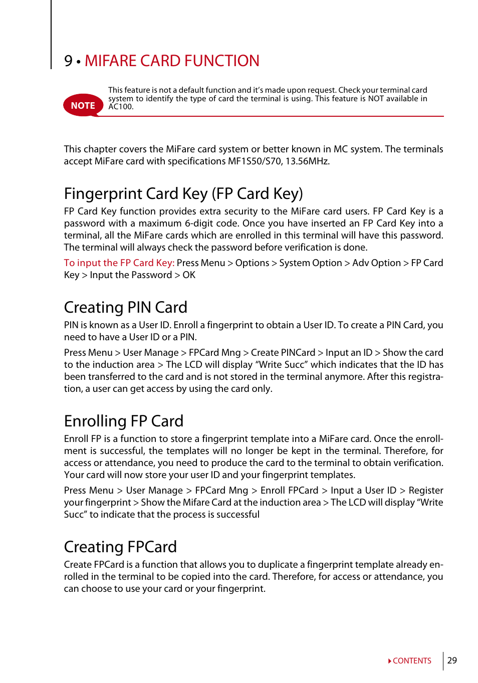 Chapter 9 • mifare card function, Fingerprint card key (fp card key), Creating pin card | Enrolling fp card, Creating fp card, Registering fp card, Unregistering fp card, Emptying fp card, Dumping fp card, Moving to fp card | FingerTec AC100 User Manual | Page 28 / 36