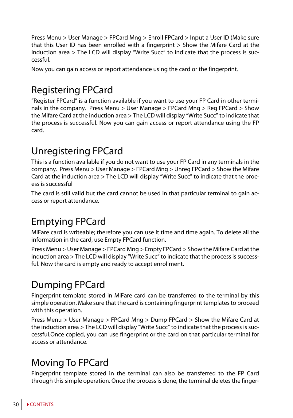 Registering fpcard, Unregistering fpcard, Emptying fpcard | Dumping fpcard, Moving to fpcard | FingerTec AC100 User Manual | Page 29 / 36