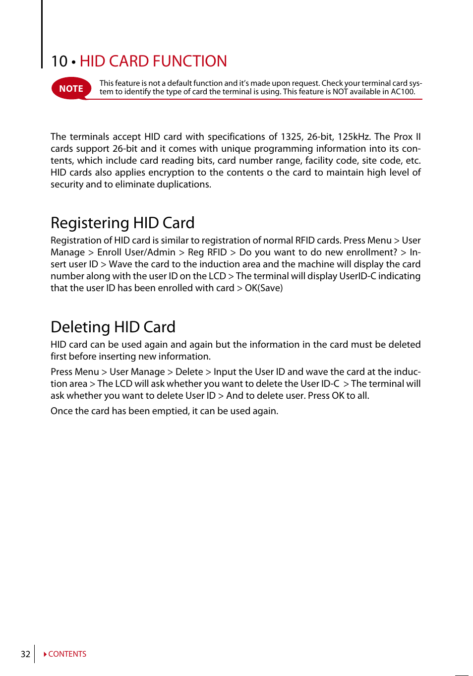 Chapter 10 • hid card function, Registering hid card, Deleting hid card | 10 • hid card function | FingerTec AC100 User Manual | Page 31 / 36