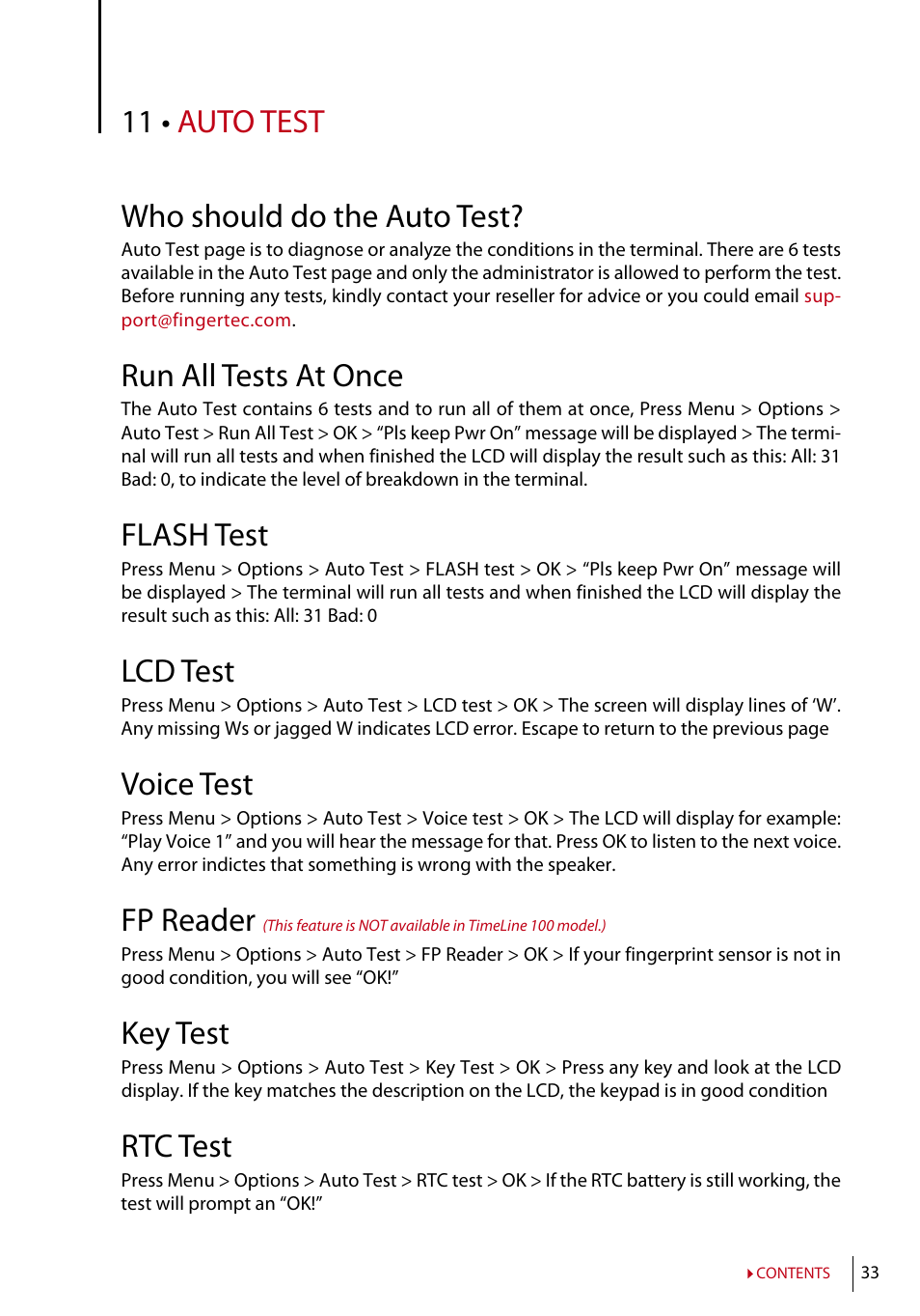 Chapter 11 • auto test, Who should do the auto test, Run all tests at once | Flash test, Lcd test, Voice test, Fp reader, Key test, Rtc test, 11 • auto test who should do the auto test | FingerTec AC100 User Manual | Page 32 / 36