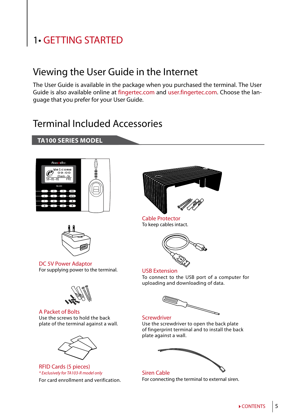 Chapter 1 • getting started, Viewing the user guide in the internet, Terminal included accessories | Included printed materials, Activating terminal, Registering terminal | FingerTec AC100 User Manual | Page 4 / 36