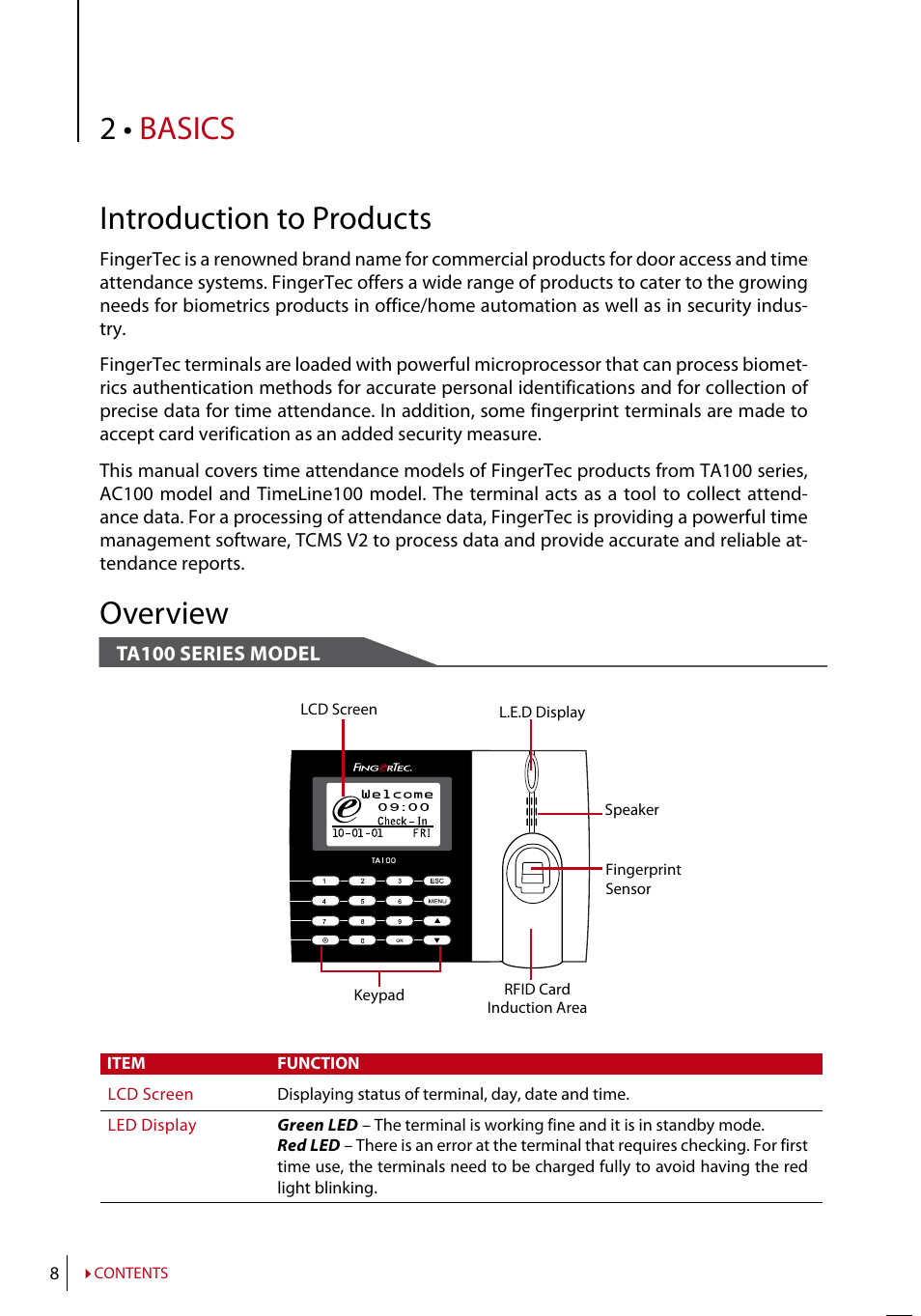 Chapter 2 • basics, Turn on/off adjust volume, Security features | Admin affirm, Cleaning terminal, Cleaning the body cleaning the fingerprint prism, Restarting and resetting terminal, Restarting the terminal resetting the terminal, 2 • basics introduction to products, Overview | FingerTec AC100 User Manual | Page 7 / 36