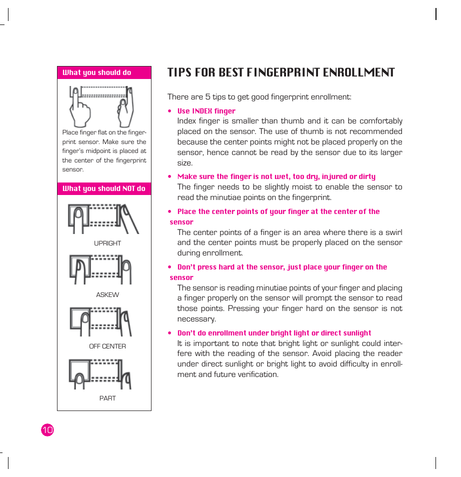 Tips for best fingerprint enrollment | FingerTec AC100 Plus User Manual | Page 10 / 37