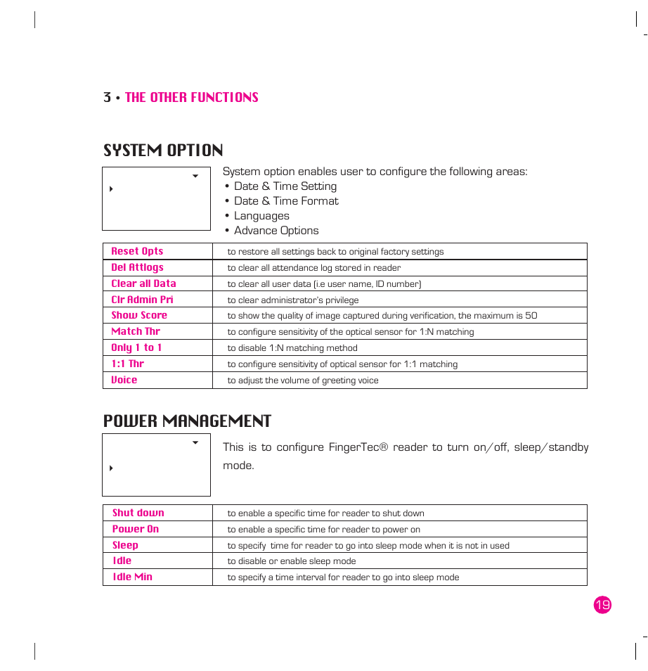 The other functions, System option, Power management | FingerTec AC100 Plus User Manual | Page 19 / 37