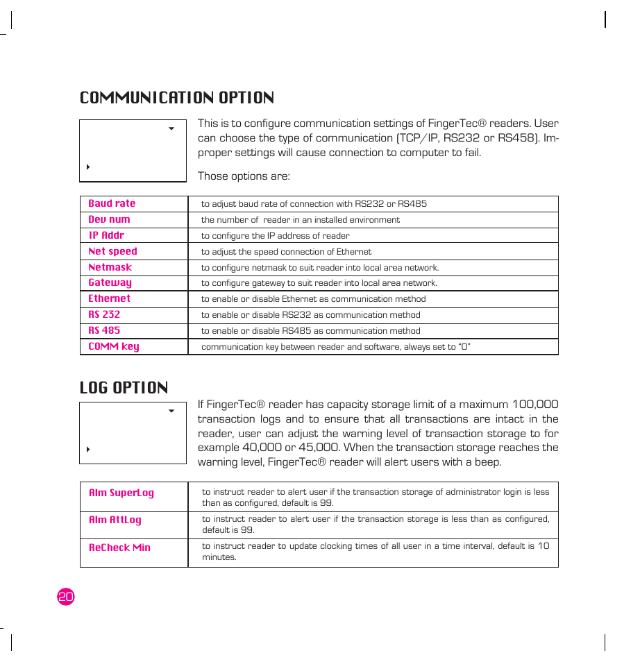 Communication option, Log option | FingerTec AC100 Plus User Manual | Page 20 / 37