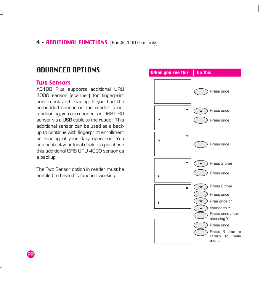 Additional functions, For fingertec® ac100 plus only), Advanced options | Comm options, Netmask, Pendrive mng, Two sensors | FingerTec AC100 Plus User Manual | Page 22 / 37