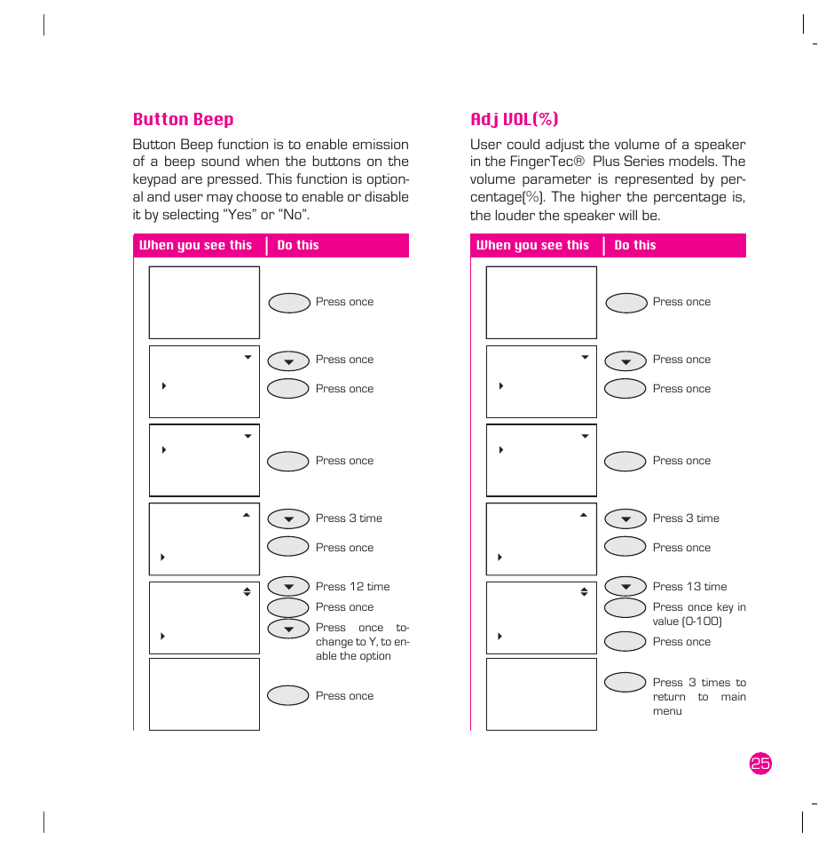 Button beep, Adj vol(%) | FingerTec AC100 Plus User Manual | Page 25 / 37