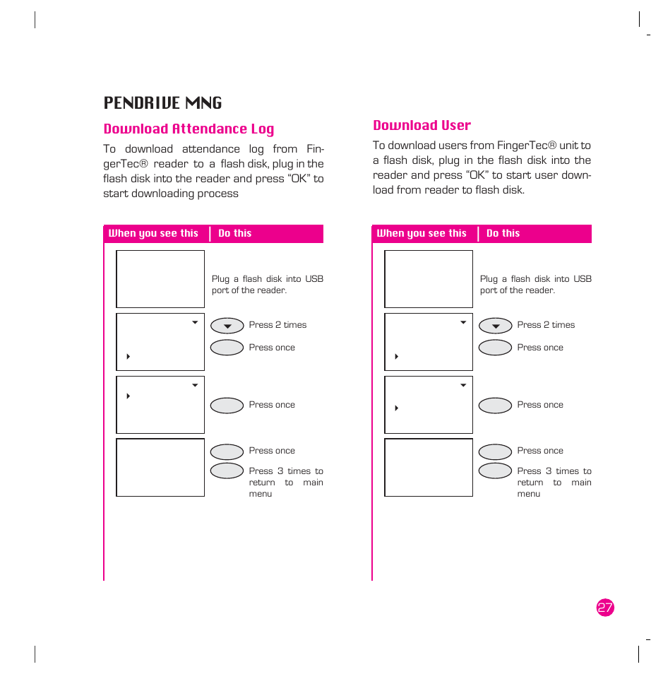 Pendrive mng, Download attendance log, Download user | FingerTec AC100 Plus User Manual | Page 27 / 37