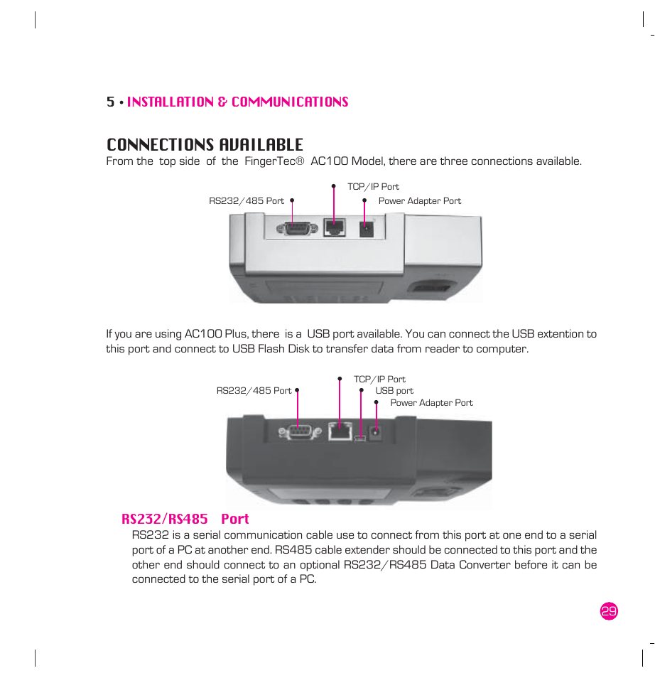 Installation & communications, For fingertec® installer), Connections available | Startup and shutdown communication connection | FingerTec AC100 Plus User Manual | Page 29 / 37