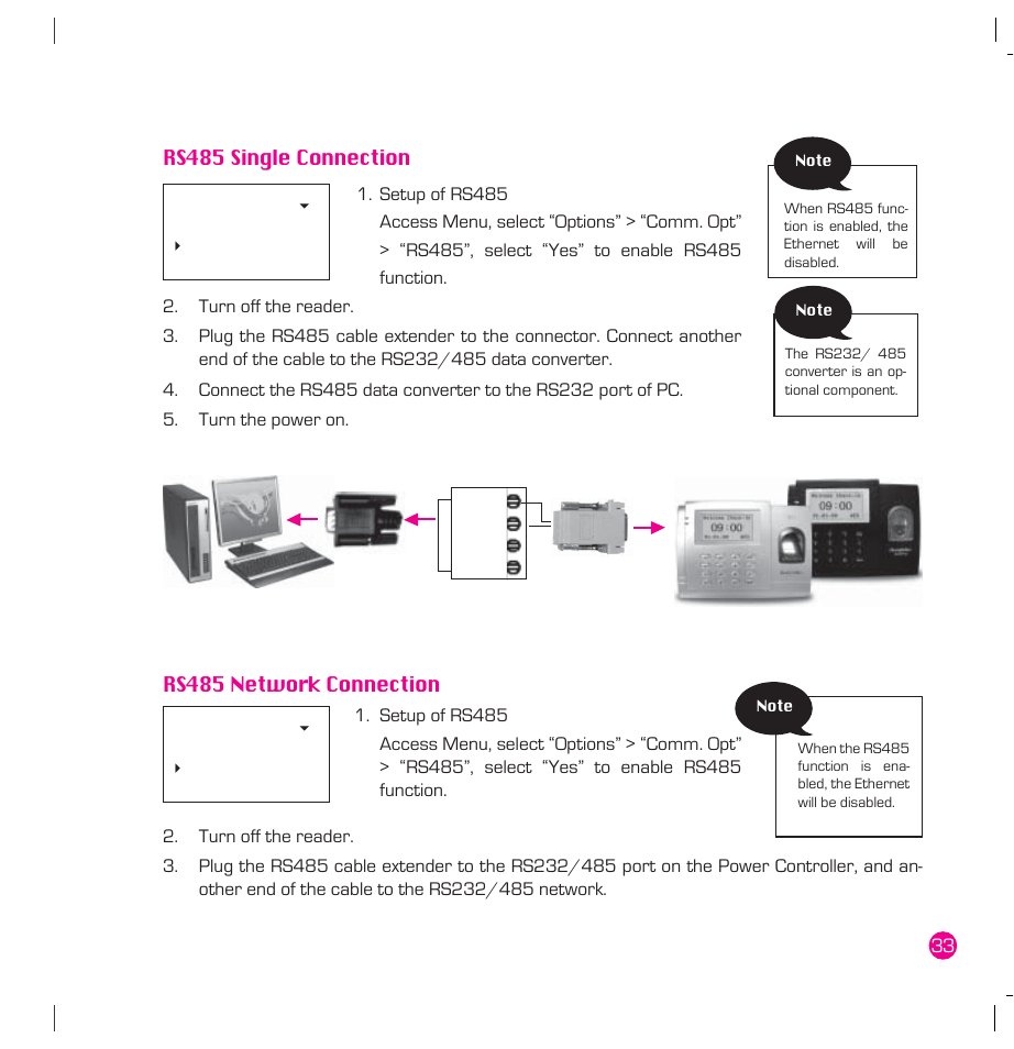 Rs485 single connection, Rs485 network connection | FingerTec AC100 Plus User Manual | Page 33 / 37