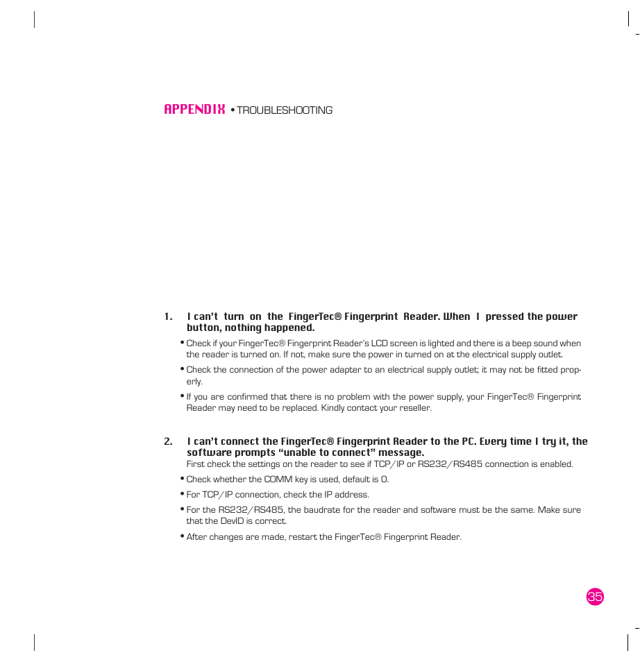 Appendix, Troubleshooting, 35 appendix | FingerTec AC100 Plus User Manual | Page 35 / 37