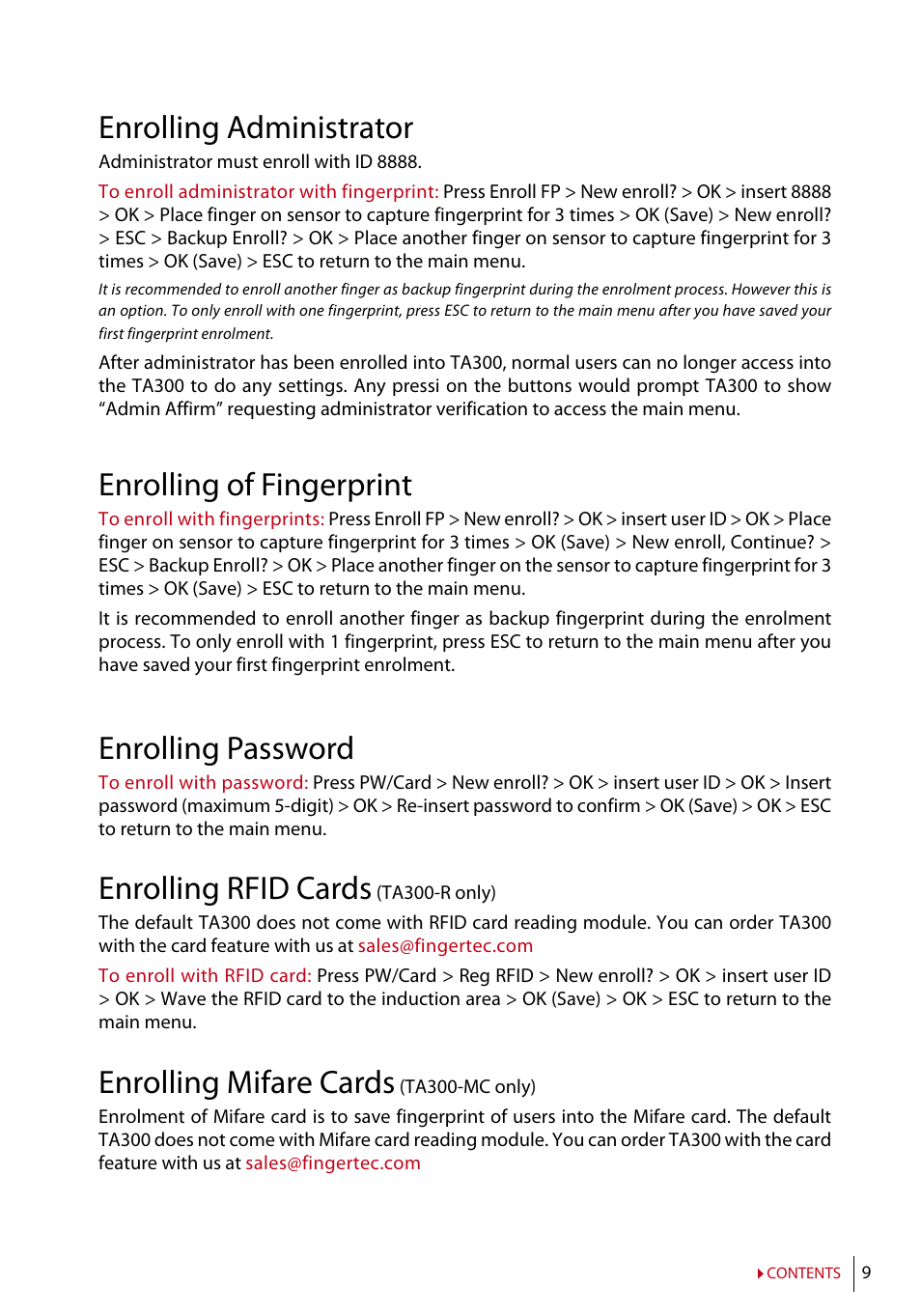 Enrolling administrator, Enrolling of fingerprint, Enrolling password | Enrolling rfid cards, Enrolling mifare cards | FingerTec TA300 User Manual | Page 10 / 14