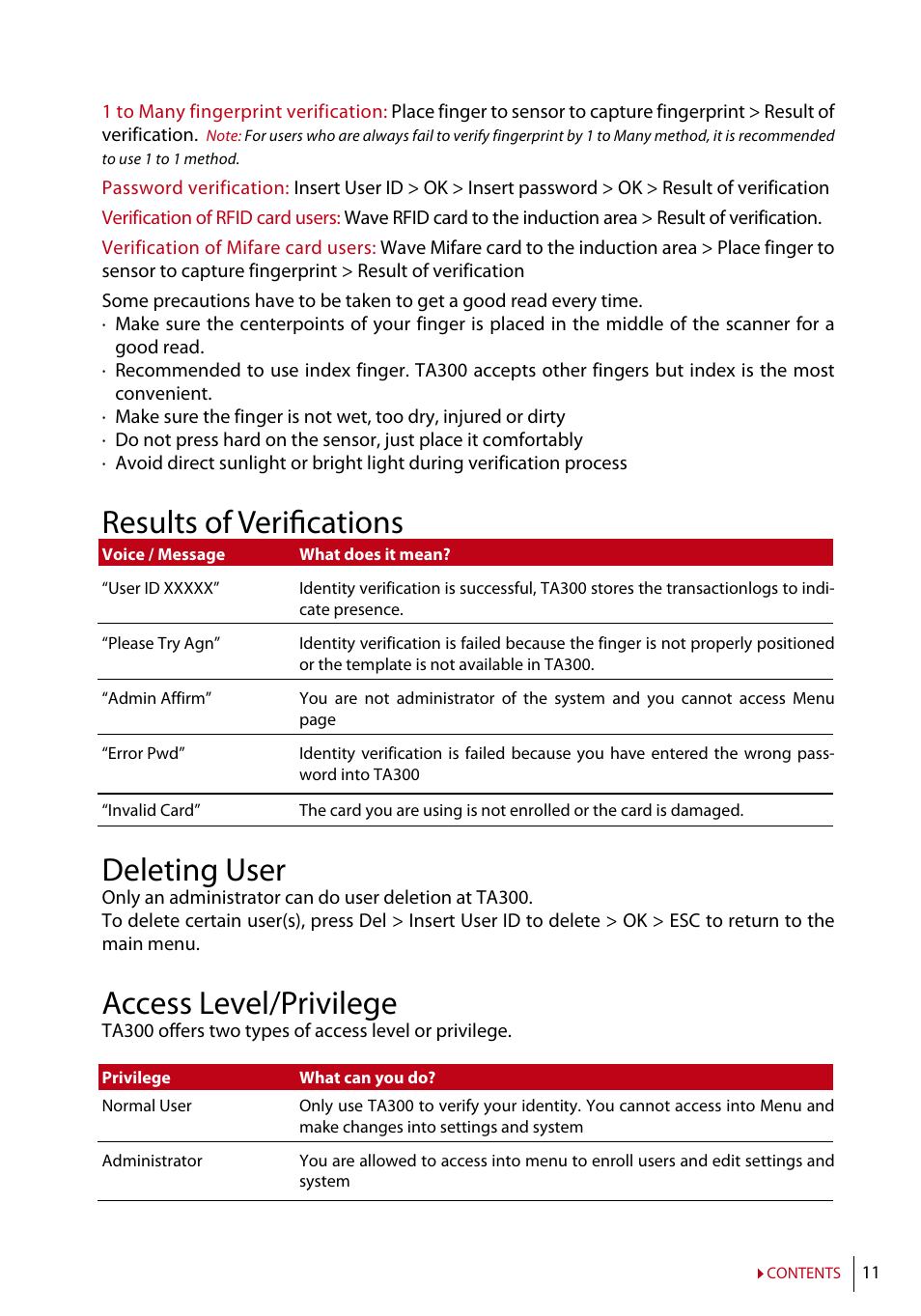 Results of verifications, Deleting user, Access level/privilege | FingerTec TA300 User Manual | Page 12 / 14