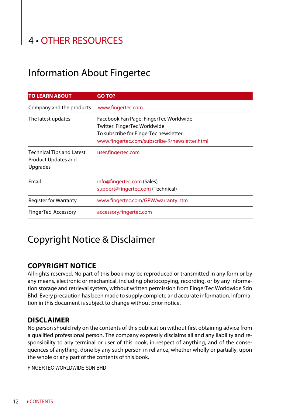 Chapter 4 • other resources, Information about fingertec, Copyright notice & disclaimer | Other resources, Copyright notice, Disclaimer | FingerTec TA300 User Manual | Page 13 / 14