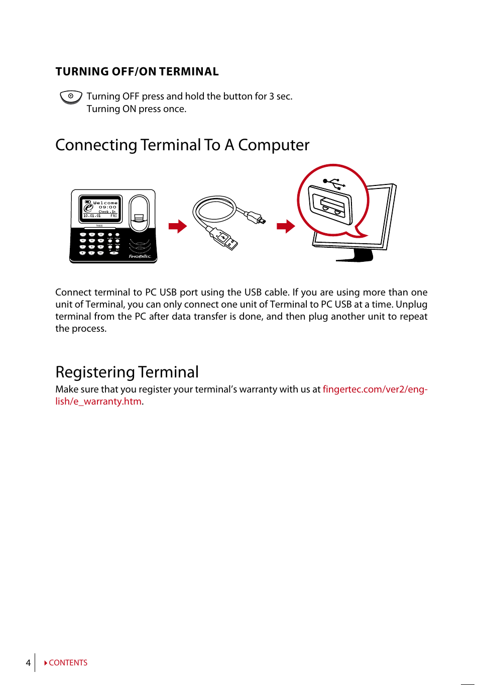 Connecting terminal to a computer, Registering terminal | FingerTec TA300 User Manual | Page 5 / 14
