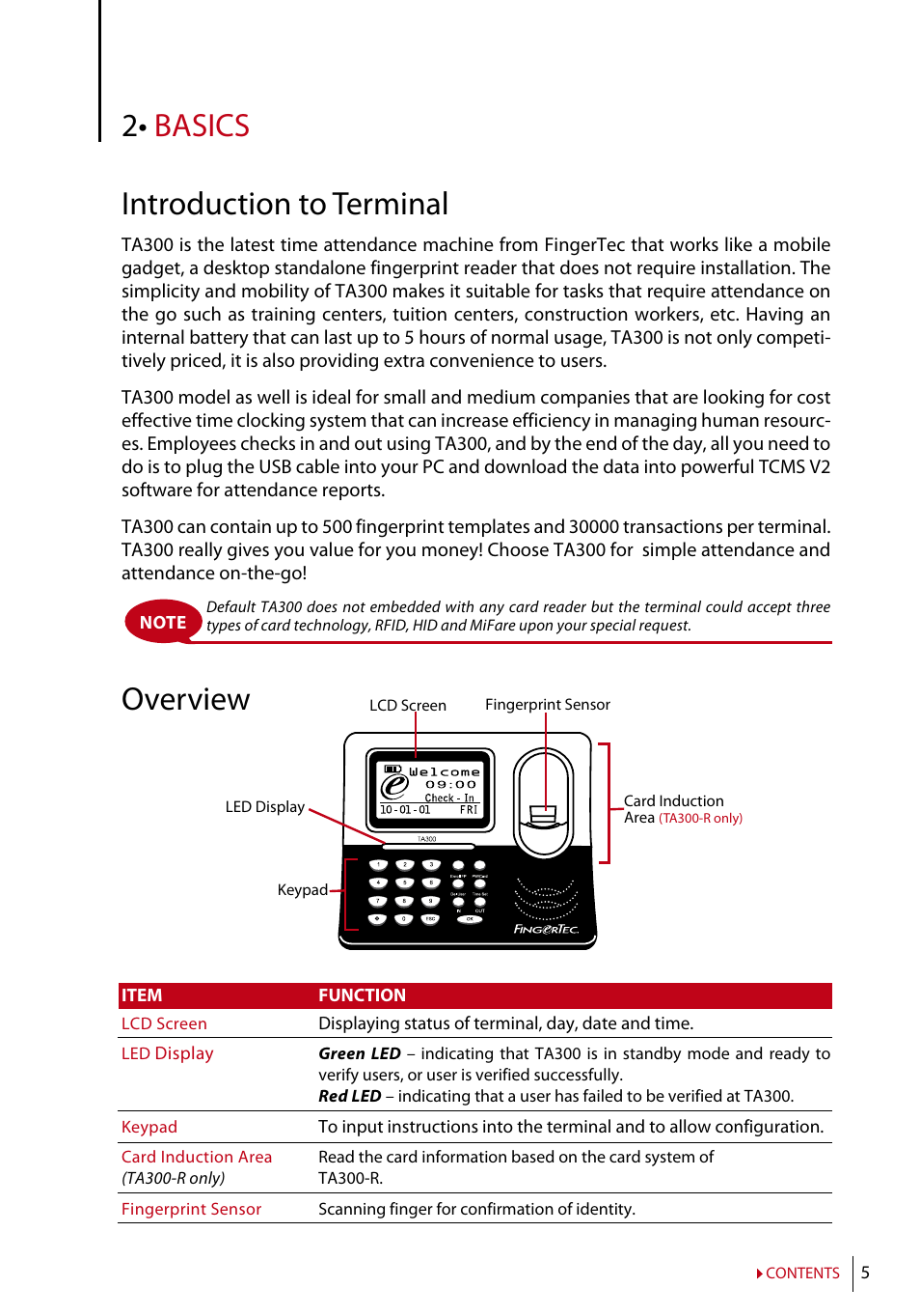 Chapter 2 • basics, Introduction to terminal, Overview | Keypad, Setting of date and time, Changing display language and greeting voice, To clean fingerprint sensor, Basics introduction to terminal | FingerTec TA300 User Manual | Page 6 / 14