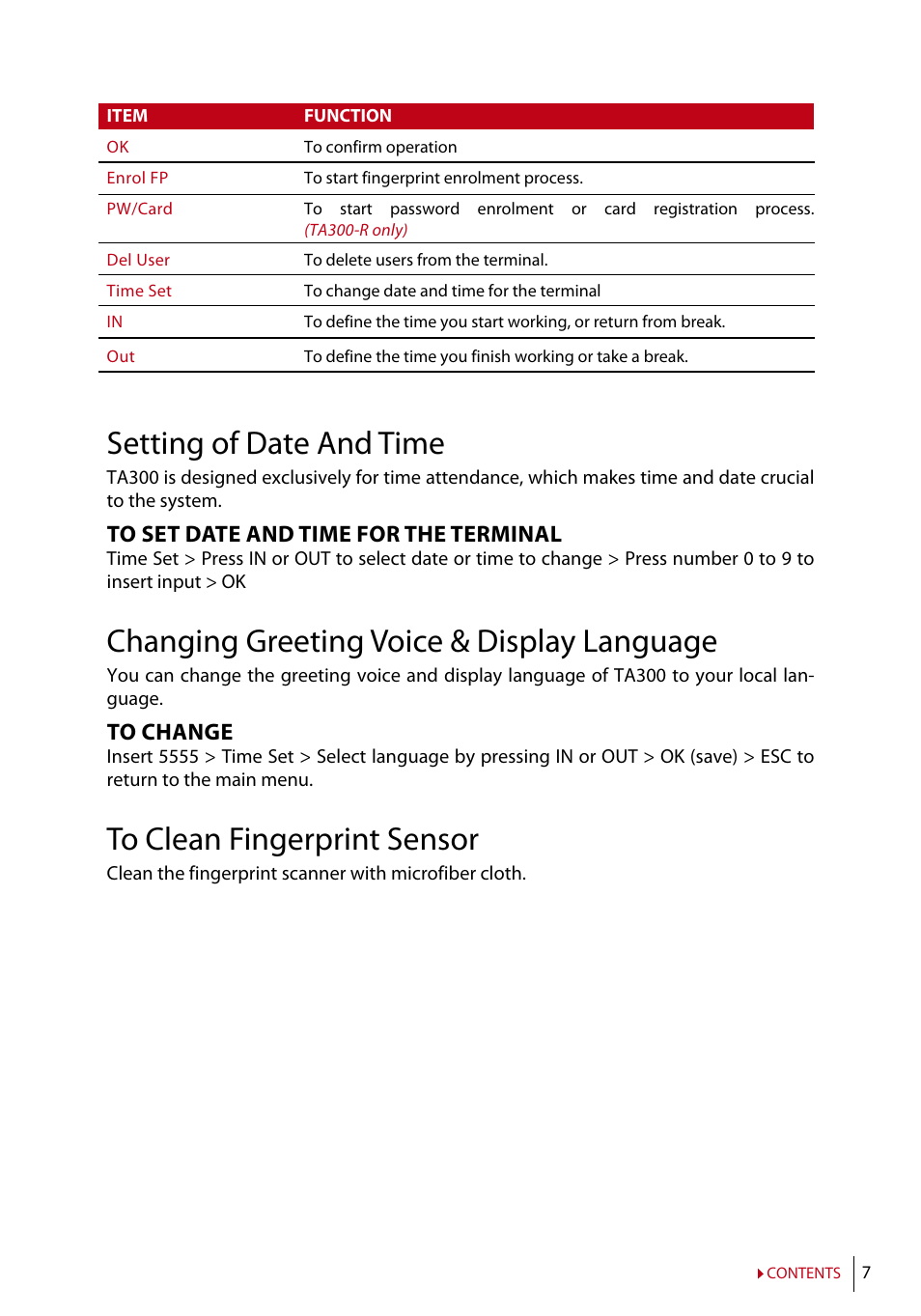 Setting of date and time, Changing greeting voice & display language | FingerTec TA300 User Manual | Page 8 / 14