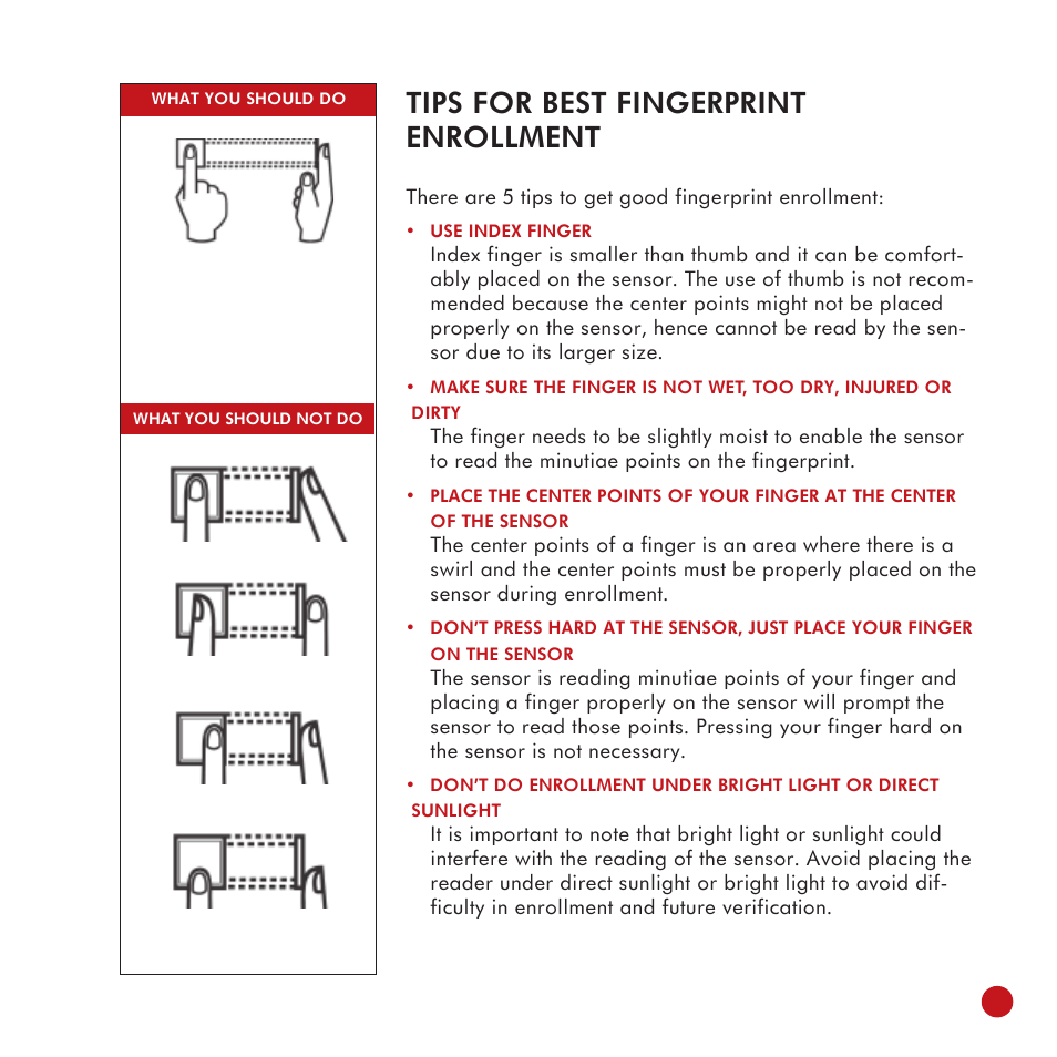 Tips for best fingerprint enrollment | FingerTec TA100 DIY User Manual | Page 13 / 56