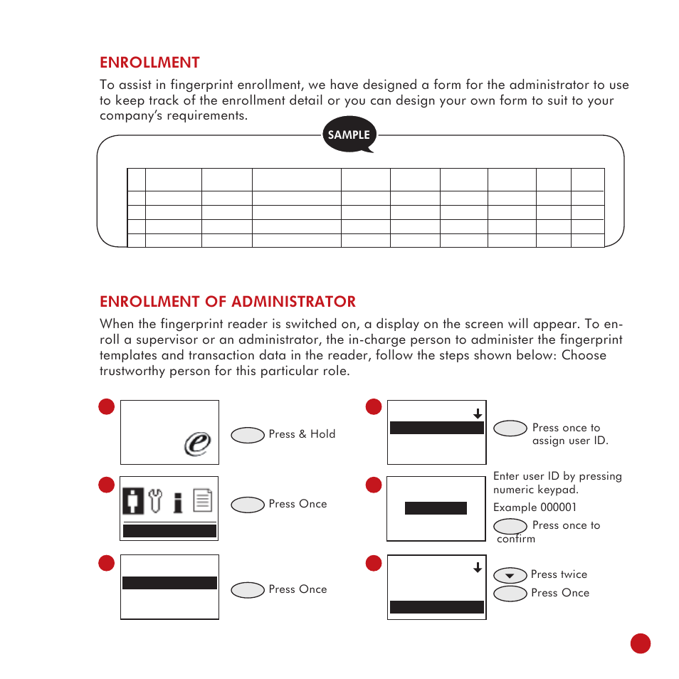 Enrollment, Enrollment of administrator | FingerTec TA100 DIY User Manual | Page 15 / 56