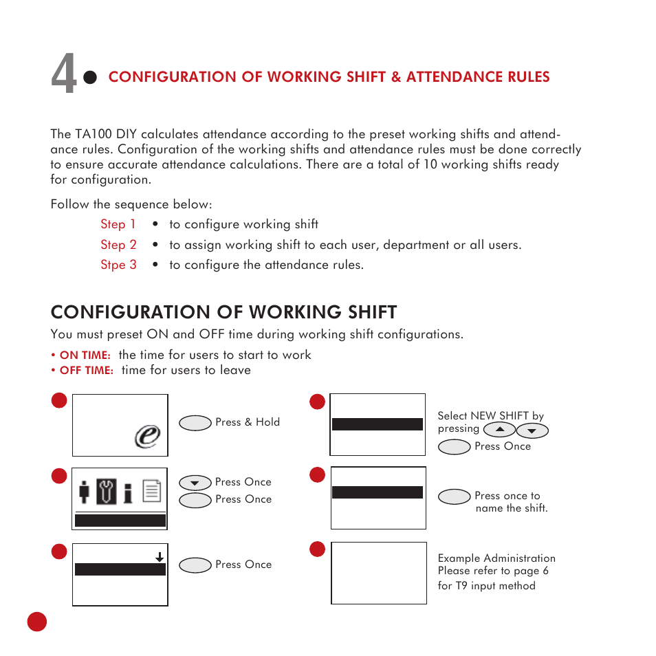 Configuration of working 22-29, Shift& attendance rules, Configuration of wor-king shift | To assign working shift, To assign working shifts to all users, To assign working shift to department, To assign working shifts to individual users, To shift users into different working shift, Configuration of attendance rules, Configuration of working shift | FingerTec TA100 DIY User Manual | Page 26 / 56