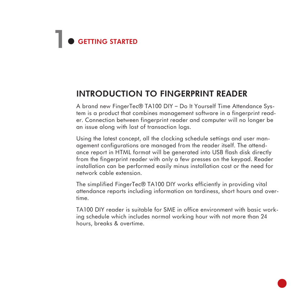 Getting started 1-7, Introduction to fingerprint reader, Complete package | Materials provided, Basic features, Keypad functions, Power supply connection | FingerTec TA100 DIY User Manual | Page 5 / 56