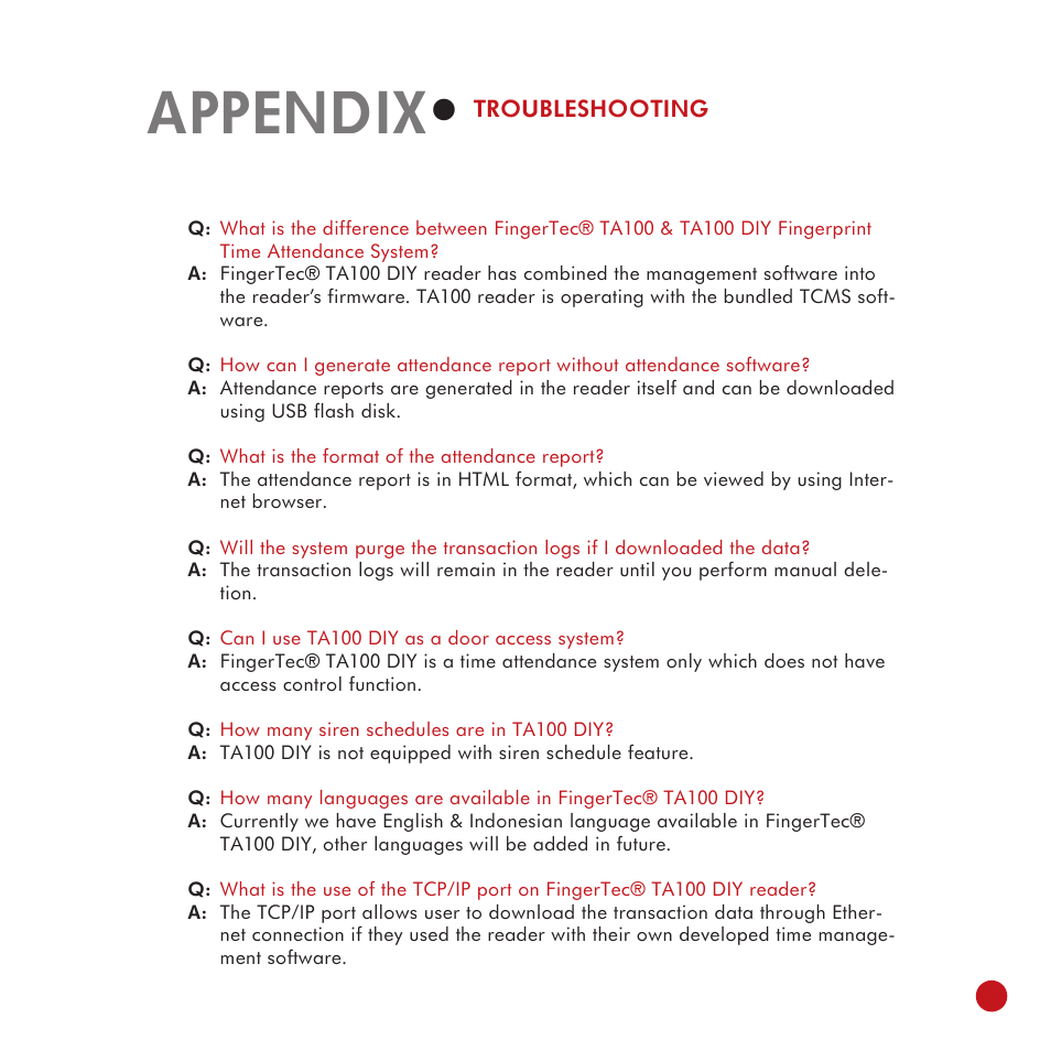 Appendix 49-52, Troubleshooting, Sample report | Appendix | FingerTec TA100 DIY User Manual | Page 53 / 56