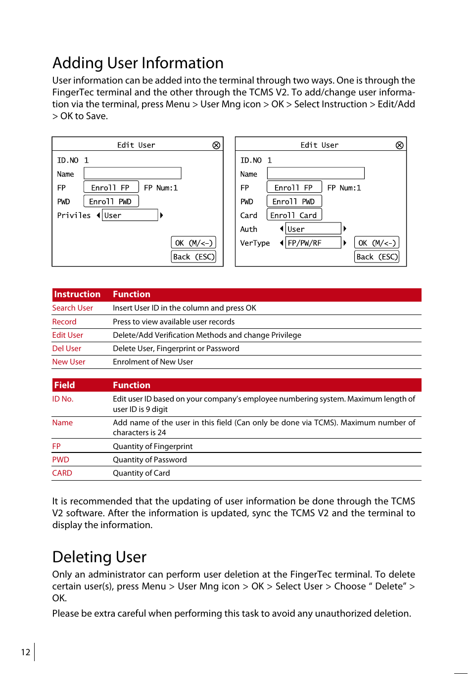 Adding user information, Deleting user | FingerTec TA500 Manual User Manual | Page 11 / 26