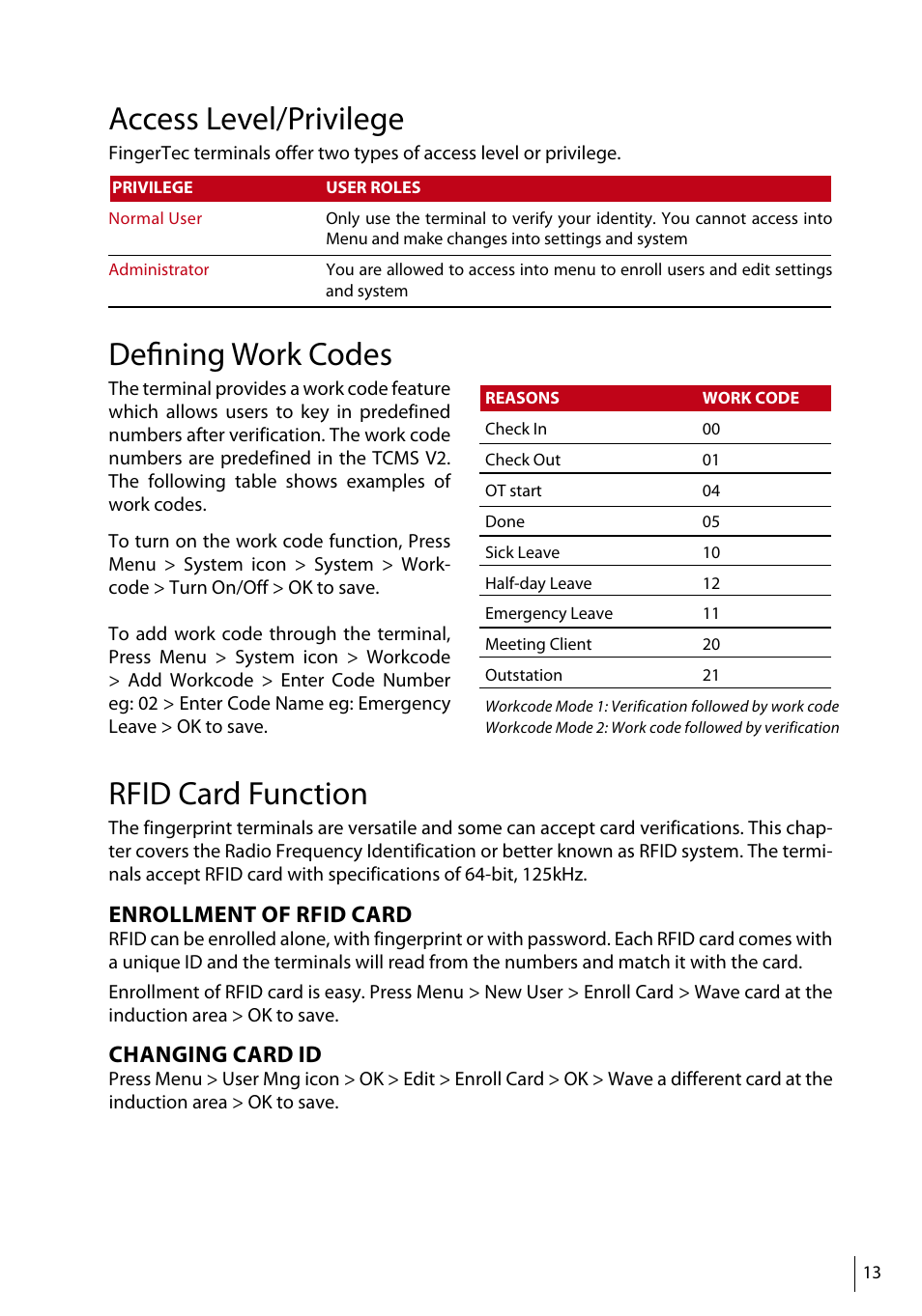 Access level/privilege, Defining work codes, Rfid card function | Enrollment of rfid card, Changing card id | FingerTec TA500 Manual User Manual | Page 12 / 26