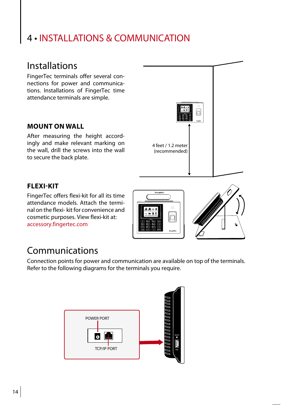 4 • installations & communication installations, Communications, Mount on wall | Flexi-kit | FingerTec TA500 Manual User Manual | Page 13 / 26