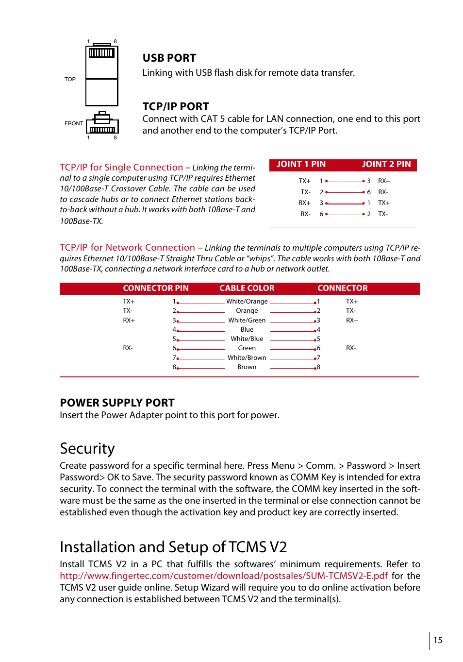 Security, Installation and setup of tcms v2, Usb port | Tcp/ip port, Power supply port | FingerTec TA500 Manual User Manual | Page 14 / 26