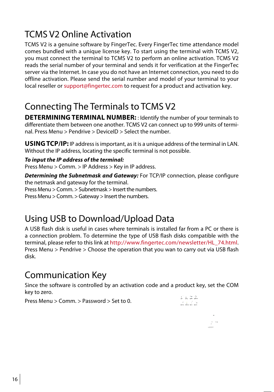 Tcms v2 online activation, Connecting the terminals to tcms v2, Using usb to download/upload data | Communication key | FingerTec TA500 Manual User Manual | Page 15 / 26