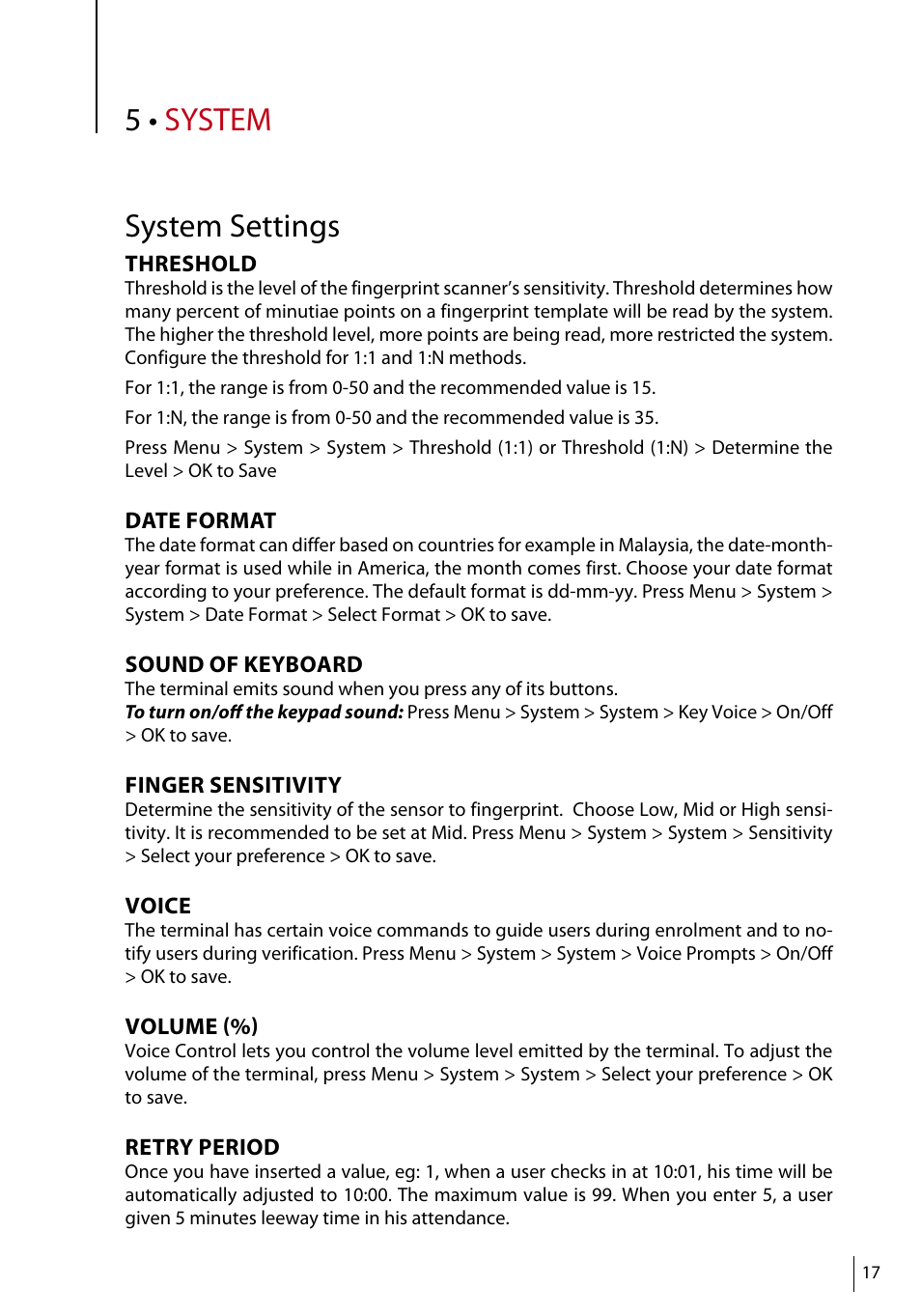 5 • system system settings | FingerTec TA500 Manual User Manual | Page 16 / 26