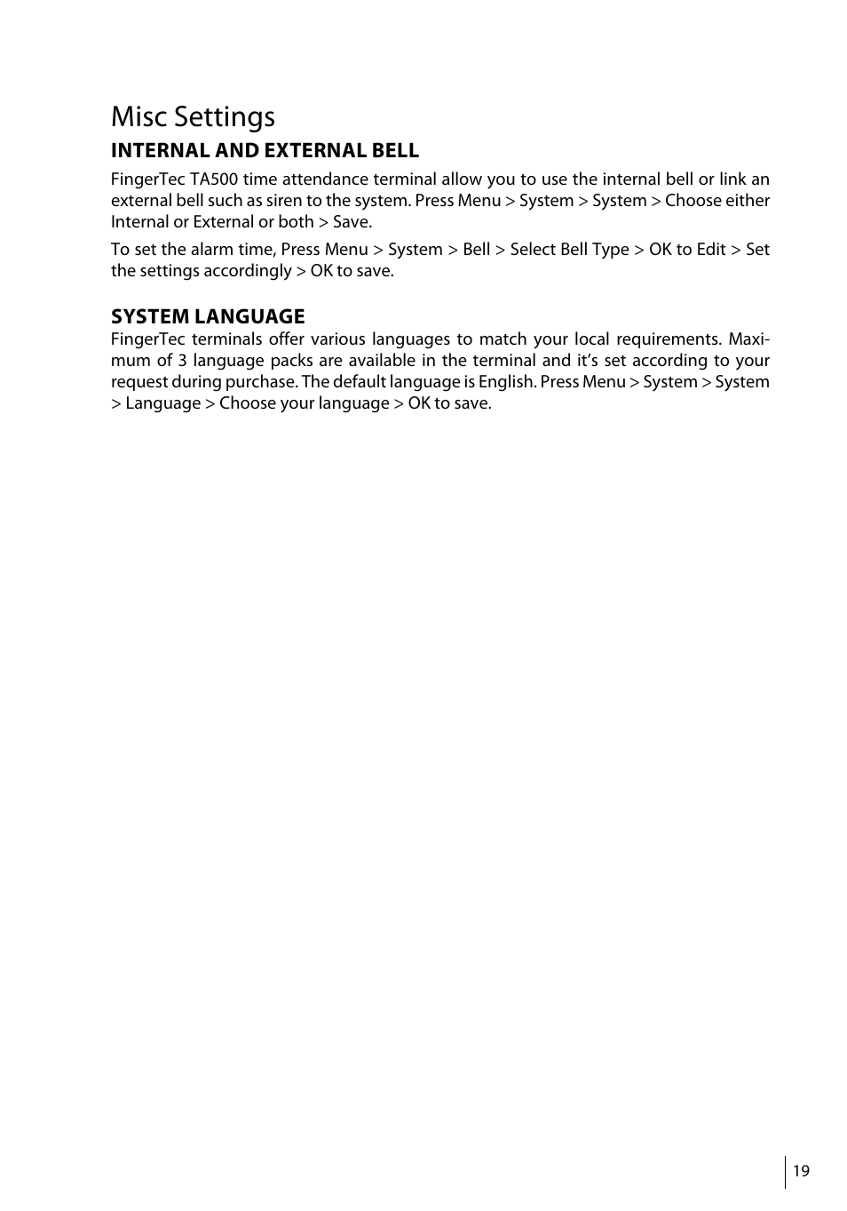 Misc settings | FingerTec TA500 Manual User Manual | Page 18 / 26