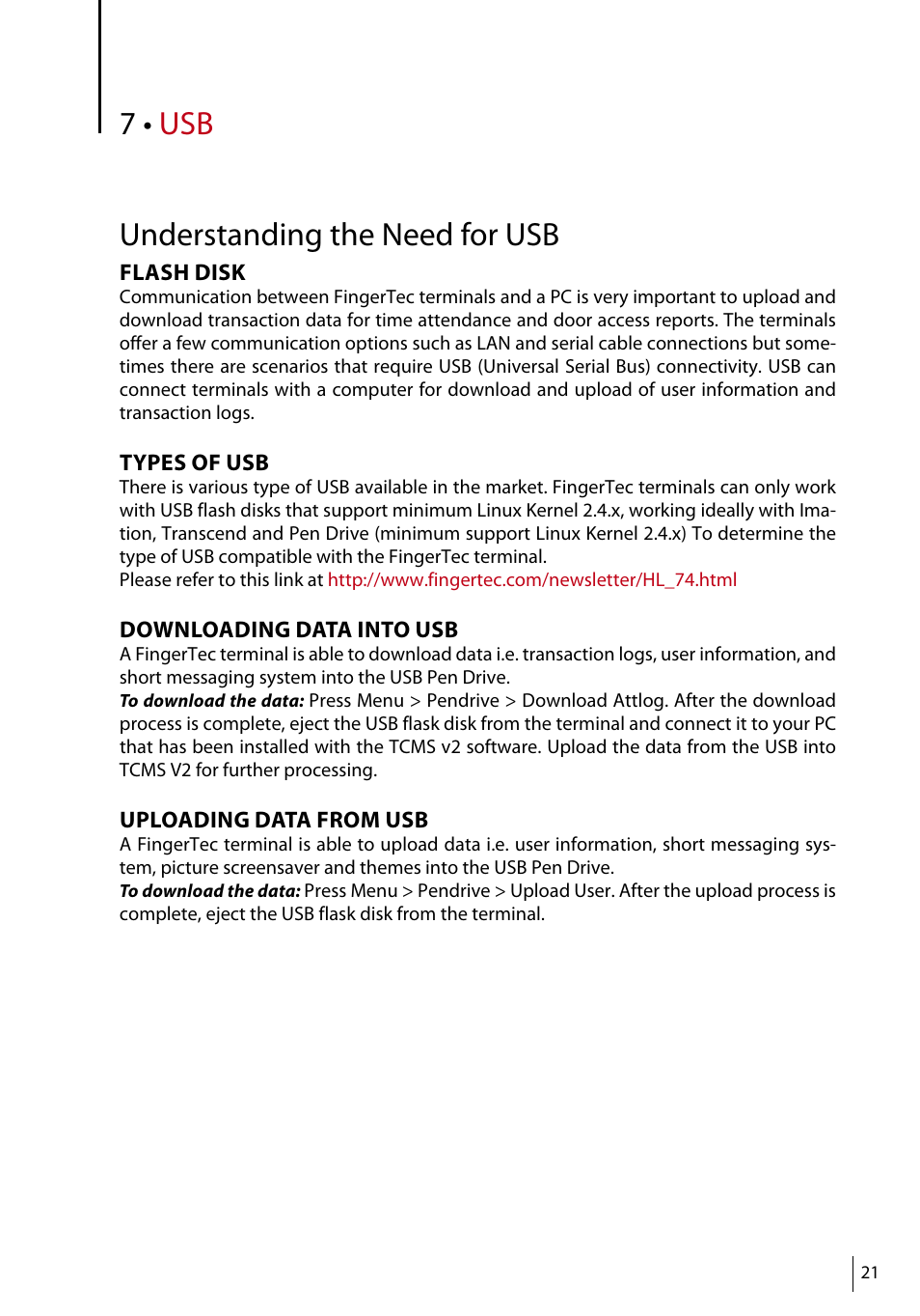 7 • usb understanding the need for usb | FingerTec TA500 Manual User Manual | Page 20 / 26