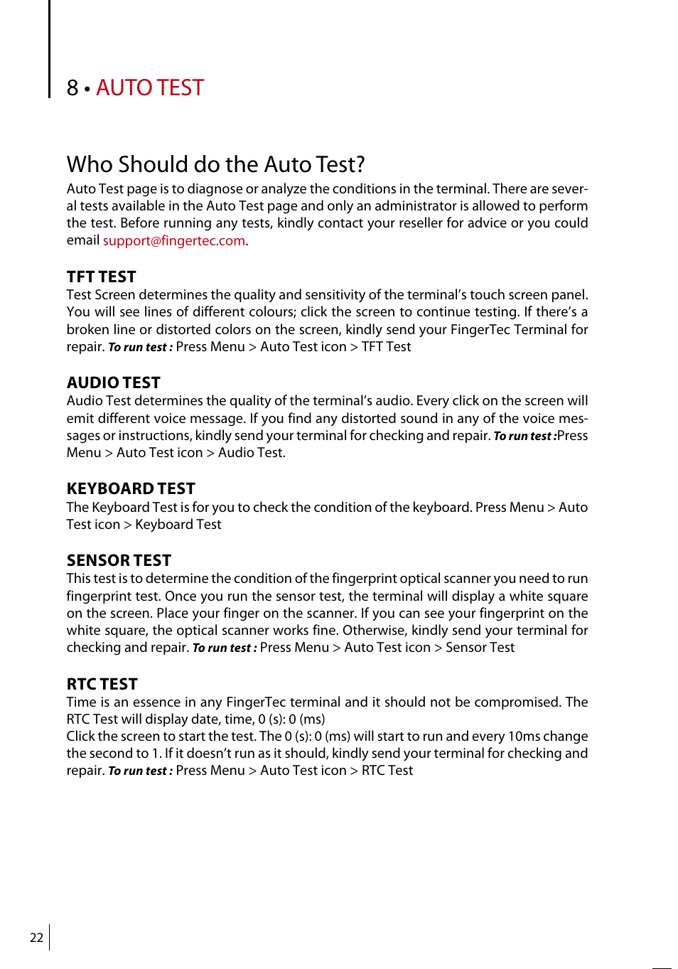 8 • auto test who should do the auto test | FingerTec TA500 Manual User Manual | Page 21 / 26