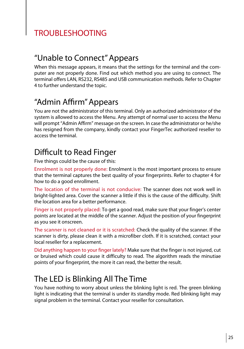 Troubleshooting “unable to connect” appears, Admin affirm” appears, Difficult to read finger | The led is blinking all the time | FingerTec TA500 Manual User Manual | Page 24 / 26