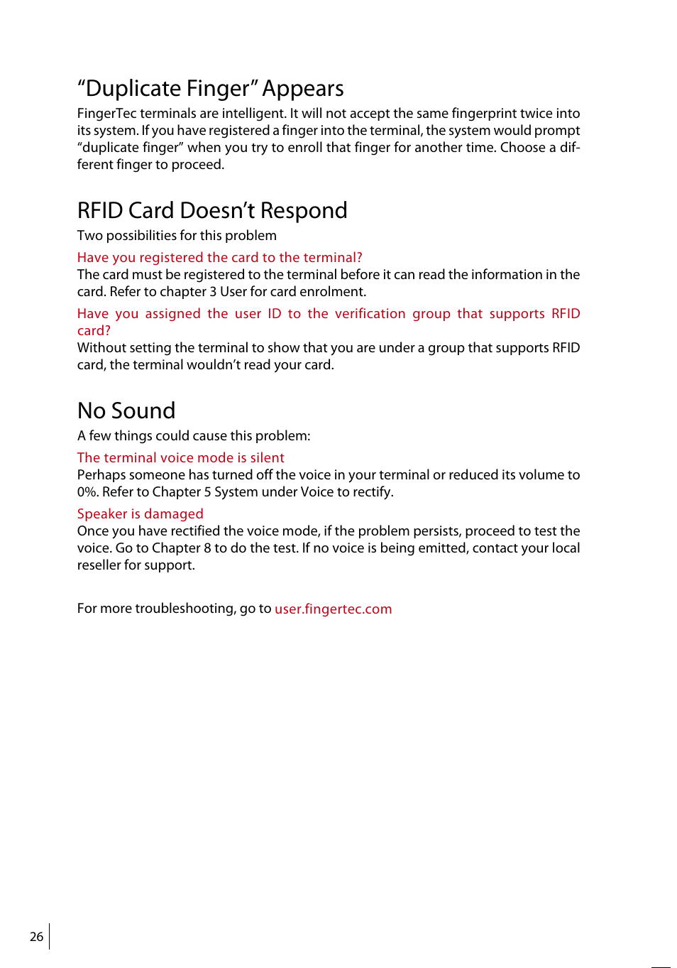 Duplicate finger” appears, Rfid card doesn’t respond, No sound | FingerTec TA500 Manual User Manual | Page 25 / 26