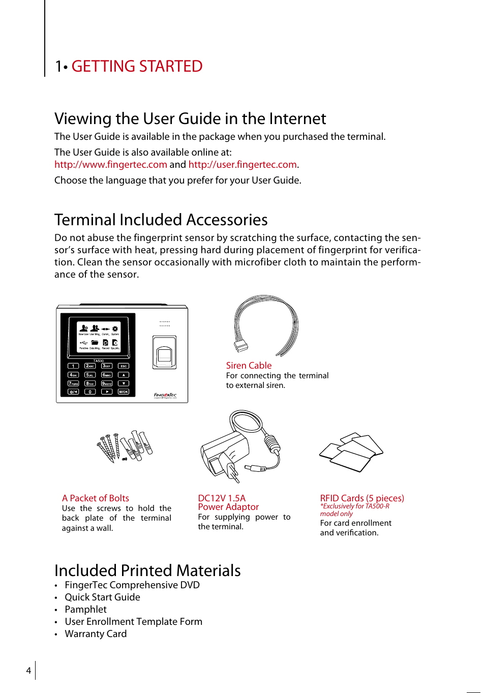 Terminal included accessories, Included printed materials | FingerTec TA500 Manual User Manual | Page 3 / 26