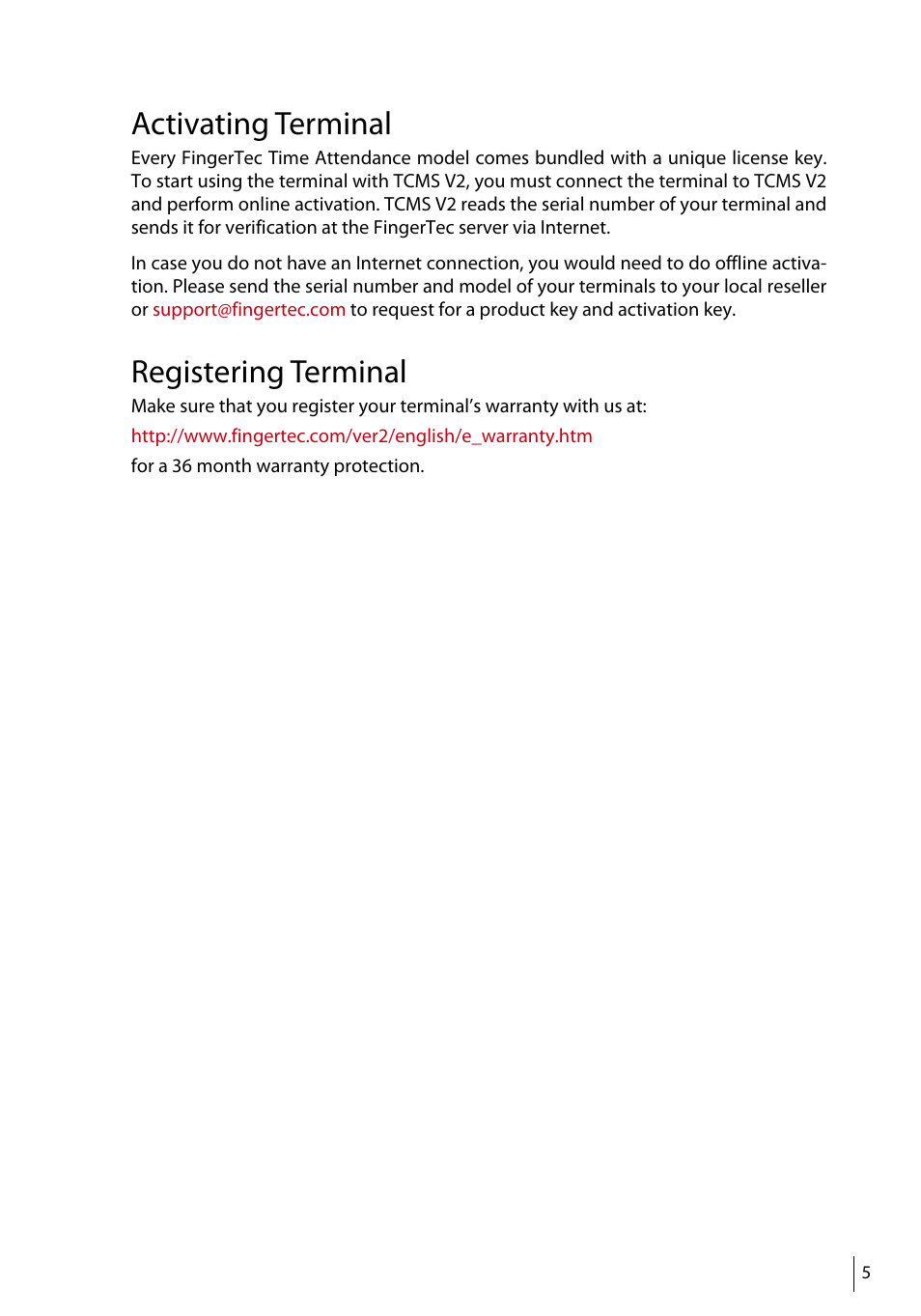 Activating terminal, Registering terminal | FingerTec TA500 Manual User Manual | Page 4 / 26