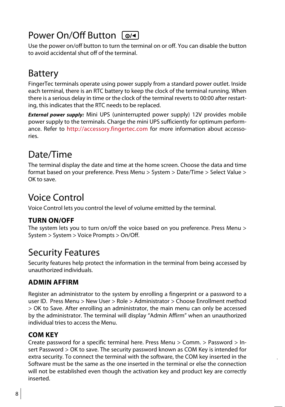 Power on/off button, Battery, Date/time | Voice control, Security features | FingerTec TA500 Manual User Manual | Page 7 / 26