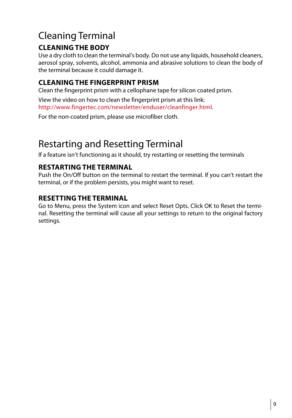 Cleaning terminal, Restarting and resetting terminal | FingerTec TA500 Manual User Manual | Page 8 / 26